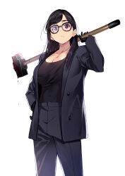 Rule 34 | 1girl, absurdres, black-framed eyewear, black gloves, black hair, black jacket, black pants, black shirt, blood, blood on eyewear, bloody weapon, breasts, cleavage, commentary request, glasses, gloves, hammer, hand on own hip, highres, holding, holding hammer, jacket, large breasts, long hair, minakata hizuru, mole, mole under mouth, open clothes, open jacket, pants, purple eyes, shirt, shirt tucked in, solo, summertime render, tsukudani (ore624), weapon