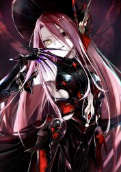 Rule 34 | 1girl, armor, armored dress, bare shoulders, black armor, black dress, black headwear, bonnet, breasts, claw (weapon), claws, dress, fate/grand order, fate (series), grey eyes, grin, hair between eyes, heterochromia, highres, kino kokko, long hair, looking at viewer, red hair, small breasts, smile, solo, typhon ephemeros (fate), very long hair, weapon, yellow eyes