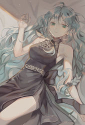 Rule 34 | 1girl, :s, ahoge, aqua hair, arm at side, arm up, armpits, artist name, back bow, bad id, bad pixiv id, bed sheet, black bow, black dress, bow, braid, breasts, closed mouth, commission, dress, floral print, from above, green eyes, hair between eyes, highres, lack dress, large bow, large breasts, long hair, looking at viewer, lying, myoushun, on back, sash, sleeveless, sleeveless dress, solo, very long hair