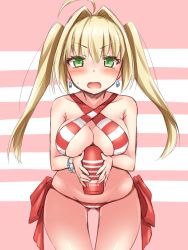Rule 34 | 1girl, ahoge, artificial vagina, bikini, blonde hair, blush, breasts, cleavage, earrings, esoragoto, fate/grand order, fate (series), gluteal fold, green eyes, hair intakes, halterneck, highres, jewelry, long hair, looking at viewer, nero claudius (fate), nero claudius (fate) (all), nero claudius (swimsuit caster) (fate), open mouth, sex toy, solo, striped bikini, striped clothes, swimsuit, tenga, twintails