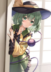 Rule 34 | 1girl, black headwear, blouse, blush, closed mouth, collar, commentary request, frilled collar, frilled skirt, frilled sleeves, frills, green eyes, green hair, green skirt, hair between eyes, hat, hat ribbon, highres, indoors, koishi day, komeiji koishi, long sleeves, looking at viewer, peeking out, ribbon, shirt, short hair, skirt, third eye, touhou, wide sleeves, window, yellow ribbon, yellow shirt, yuuka nonoko