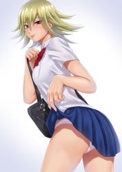 Rule 34 | 1girl, bag, blonde hair, blue skirt, bow, bowtie, closed mouth, clothes lift, collared shirt, cowboy shot, dress shirt, from side, gagaga girl, gradient background, grey background, hair between eyes, highres, holding, holding bag, leaning forward, lifting own clothes, looking at viewer, medium hair, miniskirt, muto dt, panties, pleated skirt, red bow, red bowtie, red eyes, school bag, school uniform, shirt, short sleeves, skirt, skirt lift, solo, standing, tongue, tongue out, underwear, white background, white panties, white shirt, wing collar, yu-gi-oh!, yu-gi-oh! zexal