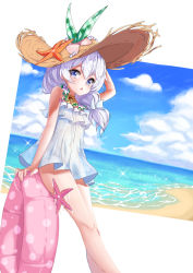 Rule 34 | :o, beach, blue eyes, blue sky, cloud, cloudy sky, dress, ehart, flower, hair between eyes, hat, holding, holding clothes, holding hat, honkai (series), honkai impact 3rd, innertube, looking at viewer, ocean, open mouth, sand, seashell, shell, side ponytail, sky, solo, starfish, straw hat, summer, sundress, sunflower, swim ring, theresa apocalypse, theresa apocalypse (valkyrie pledge), thighs, white background, white hair