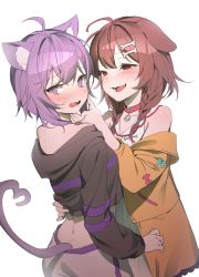 Rule 34 | 2girls, ahoge, animal ear fluff, animal ears, bare shoulders, blush, bone hair ornament, braid, brown hair, cat ears, cat girl, cat tail, dog ears, dog girl, fang, hair ornament, heart, heart tail, highres, hololive, inugami korone, inugami korone (1st costume), jacket, long hair, looking to the side, multiple girls, nekomata okayu, nekomata okayu (1st costume), off shoulder, open mouth, pepperdevil, purple eyes, purple hair, short hair, skin fang, tail, twin braids, virtual youtuber, white background, yuri