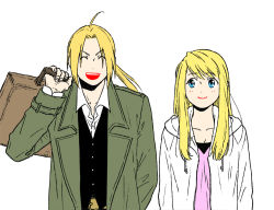 Rule 34 | 1boy, 1girl, ^ ^, ahoge, arm at side, blonde hair, blue eyes, breasts, carrying, carrying over shoulder, cleavage, closed eyes, coat, dress shirt, edward elric, closed eyes, floating hair, fullmetal alchemist, grey coat, hanayama (inunekokawaii), happy, height difference, jacket, long hair, looking at another, open mouth, pink shirt, ponytail, shirt, simple background, smile, suitcase, teeth, upper body, upper teeth only, v-shaped eyebrows, vest, white background, white jacket, white shirt, winry rockbell