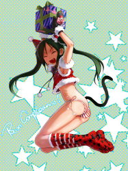 Rule 34 | 00s, 1girl, armpits, ass, bad id, bad pixiv id, bottomless, closed eyes, fang, feet, francesca lucchini, green hair, happy, long hair, mittens, no pants, observerz, panties, santa costume, side-tie panties, socks, solo, strike witches, striped clothes, striped panties, tail, translated, underwear, world witches series