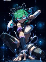 Rule 34 | 1girl, absurdres, ahoge, animal ears, arm garter, bandeau, black garter straps, black gloves, black thighhighs, blue eyes, body markings, breasts, cat ears, cleavage, commission, crop top, elbow gloves, fake animal ears, garter belt, garter straps, glitch, gloves, glowing, glowing eyes, green hair, highres, knightfang, medium breasts, midriff, navel, original, shorts, smile, solo, thighhighs, twitter username, v over eye, white bandeau, white shorts