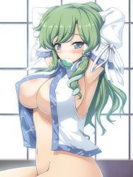 Rule 34 | 1girl, adjusting hair, armpits, arms behind head, arms up, blue eyes, blush, bottomless, breasts, center opening, cleavage, detached sleeves, covered erect nipples, female focus, frog, green hair, hair ornament, highres, ichio, kochiya sanae, large breasts, long hair, mouth hold, no bra, open clothes, open shirt, shirt, sideboob, sitting, snake, solo, touhou, underboob