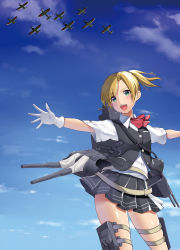 Rule 34 | 10s, 1girl, :d, aircraft, airplane, ascot, blonde hair, blouse, blue sky, contrapposto, cowboy shot, day, eyebrows, from below, gloves, green eyes, highres, kantai collection, maikaze (kancolle), mataro (matarou), non-web source, official art, open mouth, outdoors, outstretched arms, pleated skirt, ponytail, shirt, short sleeves, skirt, sky, smile, solo, spread arms, standing, thigh strap, turret, vest, white gloves, white shirt