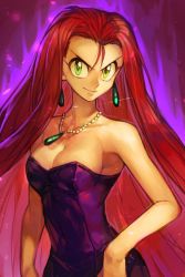 Rule 34 | 1girl, aura, bare shoulders, breasts, cleavage, cowboy shot, dress, earrings, ghost sweeper mikami, green eyes, hungry clicker, jewelry, long hair, looking at viewer, medium breasts, mikami reiko, necklace, red hair, smile, solo, sparkle, strapless, strapless dress, very long hair