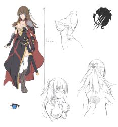 Rule 34 | 1girl, arm between breasts, armor, arrow (symbol), back, back tattoo, bare shoulders, belt, belt skirt, between breasts, black dress, blue eyes, blush, boots, braid, breasts, breasts out, brown hair, butterfly hair ornament, cape, character sheet, choker, cleavage, cross-laced clothes, dimples of venus, dress, elbow gloves, embarrassed, fantasy, feather hair ornament, feathers, finger gun, fingerless gloves, flat color, from behind, from side, full body, fur trim, gloves, hair ornament, head tilt, knee boots, knight, light smile, lion, long dress, looking at viewer, medium breasts, monochrome, nightmaremk2, no bra, nose blush, nude, partially colored, pauldrons, pixiv fantasia, pixiv fantasia sword regalia, scratches, sheath, sheathed, shoulder armor, side braid, side slit, sideboob, simple background, sketch, smile, standing, strapless, strapless dress, sword, tattoo, thighhighs, upper body, vambraces, warrior, weapon, white background, white thighhighs