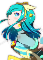 Rule 34 | 1girl, blue eyes, blue hair, bright pupils, closed mouth, cure milky, earrings, from side, hagoromo lala, hair ornament, hairband, jewelry, long hair, magical girl, pakotaroh, pointy ears, precure, sidelocks, sideways mouth, simple background, smile, solo, star (symbol), star earrings, star hair ornament, star twinkle precure, white background, white pupils, yellow hairband