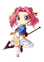 Rule 34 | 1girl, aqua eyes, blush, boots, breasts, chibi, dress, eleanor hume, frills, gloves, hair ornament, jacket, long hair, pink hair, smile, spear, tales of (series), tales of berseria, twintails, weapon