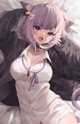 Rule 34 | 1girl, absurdres, animal ear fluff, animal ears, arms up, bed sheet, belt, belt collar, black belt, black coat, blush, breasts, buckle, button gap, cat ears, cat girl, cat tail, cleavage, coat, collar, collared shirt, dress shirt, fangs, gradient eyes, highres, hololive, large breasts, looking at viewer, loose neck ribbon, lying, multicolored eyes, neck ribbon, nekomata okayu, nekomata okayu (oversized shirt), nichino, on back, open clothes, open coat, open mouth, purple eyes, purple hair, purple ribbon, purple tail, ribbon, shirt, short hair, sidelocks, sleeves past wrists, solo, tail, tearing up, uneven eyes, upper body, virtual youtuber, waking up, white shirt, yawning