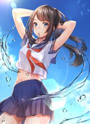 Rule 34 | 1girl, absurdres, arms behind head, arms up, black hair, blue eyes, blue skirt, blue sky, breasts, cowboy shot, crop top, crop top overhang, gluteal fold, hair tie in mouth, high-waist skirt, highres, kitazume kumie, long hair, looking at viewer, midriff, miniskirt, mouth hold, navel, neckerchief, original, outdoors, pleated skirt, ponytail, sailor collar, school uniform, serafuku, shirt, short sleeves, sidelocks, skirt, sky, small breasts, solo, stomach, sunlight, tying hair, water, white shirt