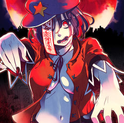 Rule 34 | 1girl, album cover, bad id, bad pixiv id, beret, breasts, cleavage, cover, fangs, female focus, full moon, hat, jiangshi, large breasts, midriff, miyako yoshika, moon, navel, night, no bra, ofuda, open clothes, open mouth, open shirt, outstretched arms, purple hair, red eyes, shirt, solo, star (symbol), touhou, upper body, yukataro, zombie pose