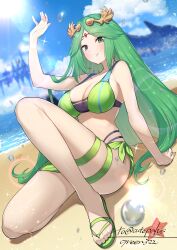 Rule 34 | 1girl, absurdres, arm support, arm up, artist name, beach, bikini, breasts, commission, commissioner upload, cosplay, crossover, dutch angle, eunie (xenoblade), eunie (xenoblade) (cosplay), feet, green322, green bikini, green eyes, green hair, green sarong, highres, kid icarus, kid icarus uprising, knee up, large breasts, legs, long hair, looking at viewer, nintendo, outdoors, palutena, parted bangs, sandals, sarong, signature, sitting, skeb commission, smile, solo, swimsuit, thigh strap, toes, very long hair, xenoblade chronicles (series), xenoblade chronicles 3