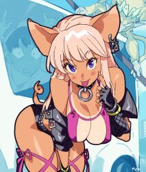 Rule 34 | 1girl, 2boys, animal ears, bangle, bare shoulders, bikini, bikini top only, black gloves, blank eyes, blonde hair, blue eyes, blush, borrowed character, bracelet, breasts, circlet, cleavage, collar, commentary, earrings, english commentary, fingerless gloves, gloves, highres, holding, holding staff, jacket, jewelry, journey to the west, kappa, large breasts, leaning forward, leather, leather jacket, leather shorts, leg ribbon, long hair, looking at viewer, monkey, motor vehicle, multiple boys, o-ring collar, optionaltypo, original, outdoors, pig ears, pig girl, pig tail, ribbon, rose (zaiyuki), short hair, shorts, signature, staff, studded collar, swimsuit, tail, tan, tanline, tongue, tongue out, zaiyuki, zhu bajie