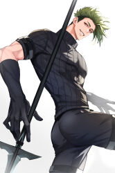 Rule 34 | 1boy, absurdres, achilles (fate), ass, black shirt, fate/grand order, fate (series), gloves, green hair, haruakira, highres, holding, holding polearm, holding weapon, looking at viewer, male focus, muscular, muscular male, pants, pectorals, polearm, ribbed shirt, shirt, short hair, smile, solo, undercut, weapon, yellow eyes
