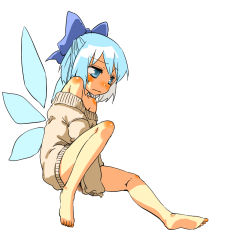 Rule 34 | 1girl, alternate costume, bare shoulders, barefoot, between legs, blue eyes, blue hair, blush, bottomless, bow, cirno, covering privates, covering crotch, face, feet, full body, hair bow, hand between legs, hota, matching hair/eyes, naked sweater, no pants, off shoulder, simple background, sitting, solo, sweater, touhou, v arms, wavy mouth, white background, wings