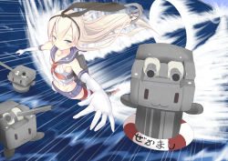 Rule 34 | 10s, 1girl, anchor, anchor hair ornament, black panties, blonde hair, blush, cannon, elbow gloves, gloves, hair ornament, hairband, kantai collection, lifebuoy, long hair, looking at viewer, navel, open mouth, panties, personification, rensouhou-chan, shimakaze (kancolle), skirt, solo, striped clothes, striped thighhighs, sukage, swim ring, thighhighs, underwear, weapon, white gloves