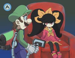 Rule 34 | 1boy, 1girl, armchair, ascot, ashley (warioware), black hair, blue eyes, brooch, brown hair, chair, dress, facial hair, gloves, hair ornament, hat, jewelry, long hair, luigi, luigi&#039;s mansion, luigi&#039;s mansion 3, mario (series), mustache, necklace, nintendo, open mouth, overalls, pantyhose, poltergust g-00, red eyes, short hair, sitting, skull necklace, sweatdrop, takamame, twintails, vacuum cleaner, warioware