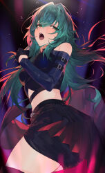 Rule 34 | 1girl, black skirt, clothing cutout, commentary request, cowboy shot, crop top, flying sweatdrops, from below, gakuen idolmaster, green eyes, green hair, highres, idol clothes, idolmaster, koyo akio, looking at viewer, midriff, open mouth, shoulder cutout, single bare shoulder, skirt, solo, stage lights, tsukimura temari