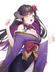 Rule 34 | 1girl, absurdres, aya (lezon), black hair, blurry, blurry background, breasts, colored inner hair, demon girl, demon horns, flower, hair flower, hair ornament, highres, horns, japanese clothes, kimono, large breasts, long hair, long sleeves, looking at viewer, multicolored hair, pointy ears, purple hair, red flower, red sash, sash, simple background, slit pupils, smile, solo, streaked hair, tomocora, virtual youtuber, white background, wide sleeves, yang ling, yellow eyes