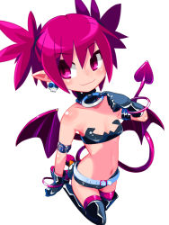 Rule 34 | 1girl, bat wings, boots, demon girl, demon tail, demon wings, disgaea, earrings, etna (disgaea), flat chest, gloves, highres, jewelry, osamu yagi, pointy ears, red eyes, red hair, skull, skull earrings, solo, tail, thigh boots, thighhighs, twintails, wings