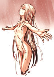 Rule 34 | 1girl, blonde hair, breasts, completely nude, female focus, female pubic hair, highres, kotoba noriaki, long hair, nipples, nude, original, outdoors, outstretched arms, pubic hair, rain, small breasts, solo, spread arms, very long hair, wet, white background