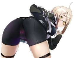 Rule 34 | 1girl, ahoge, artoria pendragon (all), artoria pendragon (fate), ass, bent over, bike shorts, black-framed eyewear, blonde hair, cameltoe, commentary, cowboy shot, dark persona, fate/grand order, fate (series), from behind, glasses, highres, hood, hooded track jacket, jacket, looking at viewer, looking back, mysterious heroine x alter (fate), mysterious heroine x alter (second ascension) (fate), saber (fate), semi-rimless eyewear, shimejinameko, solo, sportswear, thigh strap, thighs, track jacket, yellow eyes