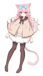 Rule 34 | 1girl, animal ear fluff, animal ears, bow, capelet, cat ears, cat tail, hair bow, highres, long hair, orange eyes, original, pantyhose, pink hair, shone, simple background, skirt, smile, solo, sweater, tail, white background