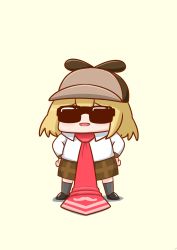 Rule 34 | 1girl, :d, absurdres, black footwear, blonde hair, blush stickers, brown hat, brown skirt, chibi, commentary, deerstalker, dress shirt, full body, grey socks, hands on own thighs, hat, highres, hololive, hololive english, long sleeves, mustache print, necktie, open mouth, oversized clothes, phdpigeon, plaid, plaid skirt, red necktie, shirt, shoes, simple background, skirt, smile, smol ame, smug, socks, solo, standing, sunglasses, symbol-only commentary, virtual youtuber, watson amelia, white shirt, yellow background