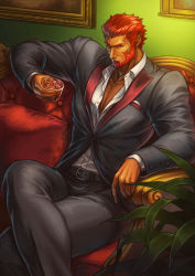 Rule 34 | 1boy, alternate costume, beard, collared shirt, couch, cup, facial hair, fate/zero, fate (series), feet out of frame, grey suit, highres, holding, holding cup, iskandar (fate), crossed legs, ma2910ko, male focus, mature male, muscular, muscular male, on couch, pectoral cleavage, pectorals, red eyes, red hair, shirt, short hair, sitting, solo, suit, thick thighs, thighs