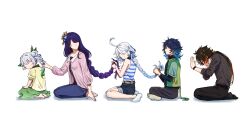 Rule 34 | 2boys, 3girls, adjusting another&#039;s hair, ahoge, alternate costume, alternate hairstyle, bare arms, bare legs, bare shoulders, barefoot, behind another, belt, black hair, blouse, blue hair, braid, braided ponytail, braiding hair, brown hair, casual, dark blue hair, faceless, faceless female, faceless male, from side, full body, furina (genshin impact), genshin impact, green hair, grey hair, hair ornament, hairdressing, hand on own face, height difference, highres, holding, holding another&#039;s hair, holding hair, long hair, long skirt, long sleeves, looking at another, medium hair, multicolored hair, multiple boys, multiple girls, nahida (genshin impact), nervous sweating, open clothes, open shirt, pants, purple hair, raiden shogun, seiza, shirt, shirt under shirt, short sleeves, shorts, side braid, simple background, single braid, sitting, skirt, sleeveless, sleeveless shirt, socks, sweat, toes, two-tone hair, tying hair, venti (genshin impact), very long hair, wariza, white background, white hair, yuka (pixiv38407039), zhongli (genshin impact)