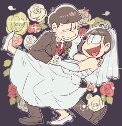 Rule 34 | 10s, 2boys, bad id, bad twitter id, black background, bridal veil, brothers, brown hair, crossdressing, dancing, dress, elbow gloves, floral background, flower, gloves, heart, heart in mouth, incest, male focus, matsuno choromatsu, matsuno osomatsu, multiple boys, osomatsu-kun, osomatsu-san, rose, sanjiro (tenshin anman), siblings, simple background, tongue, tongue out, trembling, tuxedo, veil, wedding dress, yaoi