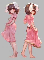 Rule 34 | 1girl, animal ears, barefoot, blush, brown hair, closed mouth, clothing cutout, commentary, dress, english commentary, floppy ears, frilled sleeves, frills, full body, grey background, hair between eyes, highres, inaba tewi, looking at viewer, medium bangs, multiple views, open mouth, pink dress, profile, rabbit ears, rabbit girl, rabbit tail, red eyes, ribbon-trimmed sleeves, ribbon trim, short hair, short sleeves, simple background, skirt hold, standing, tail, tail through clothes, tlobtr, touhou
