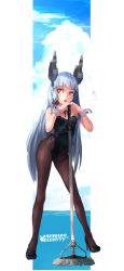 Rule 34 | 10s, 1girl, absurdres, alternate costume, black pantyhose, blue hair, blunt bangs, character name, cloud, contrapposto, day, headgear, high heels, highres, kantai collection, kumonji aruto, leotard, long hair, looking away, mop, murakumo (kancolle), orange eyes, pantyhose, playboy bunny, sky, solo, standing, translated, very long hair, wrist cuffs