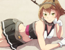 Rule 34 | 10s, 1girl, bare shoulders, brown hair, e20, gloves, green eyes, head rest, headgear, kantai collection, looking at viewer, lying, midriff, mutsu (kancolle), navel, on side, pleated skirt, shiny skin, short hair, skirt, solo