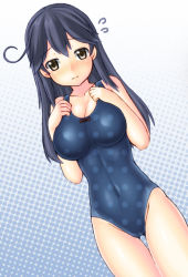 Rule 34 | 10s, 1girl, black hair, blue one-piece swimsuit, brown eyes, dutch angle, flying sweatdrops, gluteal fold, kantai collection, kurogane daichi, long hair, looking at viewer, one-piece swimsuit, polka dot, polka dot swimsuit, solo, standing, swimsuit, tareme, thigh gap, unmoving pattern, ushio (kancolle)