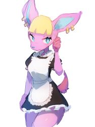 Rule 34 | 1girl, alternate costume, animal crossing, animal ears, apron, baburusushi, black dress, blonde hair, blue eyes, blunt bangs, blush, breasts, closed mouth, cowboy shot, deer ears, deer tail, dress, ear piercing, female focus, frilled dress, frills, fuchsia (animal crossing), furry, furry female, hand up, highres, looking to the side, maid, maid apron, medium breasts, nintendo, nose blush, piercing, puffy short sleeves, puffy sleeves, shiny skin, short dress, short hair, short sleeves, sideways mouth, simple background, sketch, solo, standing, tail, white background