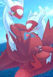 Rule 34 | 2girls, animal ears, anus, blue background, blush, claws, clitoris, cloud, creatures (company), dragon, eye contact, fang, fingering, floating, furry, game freak, gen 3 pokemon, half-closed eyes, hands together, hands up, kimubota, latias, legendary pokemon, licking, looking at another, looking down, looking up, multiple girls, nintendo, ocean, open mouth, outdoors, pokemon, pokemon (creature), pokemon rse, pussy, pussy juice, saliva, sky, spread pussy, sweat, tail, teeth, tongue, tongue out, uncensored, urethra, water, wings, yellow eyes, yuri
