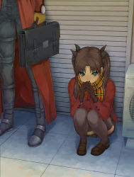 Rule 34 | 1boy, 1girl, archer (fate), bag, black hair, coat, fate/stay night, fate (series), gloves, green eyes, highres, hino taka, loafers, plaid, plaid scarf, red coat, satchel, scarf, shoes, skirt, squatting, standing, thighhighs, tohsaka rin, twintails