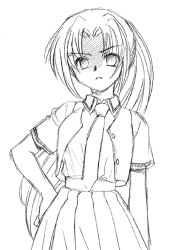 Rule 34 | 00s, 1girl, buttons, greyscale, hand on own hip, higurashi no naku koro ni, long hair, looking at viewer, monochrome, necktie, open clothes, open vest, parted bangs, pleated skirt, ponytail, school uniform, simple background, skirt, solo, sonozaki mion, upper body, vest, white background