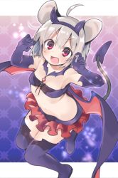 Rule 34 | 1girl, @ @, ahoge, akagashi hagane, animal ears, bandeau, bare shoulders, breasts, demon girl, demon tail, demon wings, fake horns, fang, from above, gloves, grey hair, hair ornament, halloween costume, horns, looking at viewer, microskirt, mouse ears, nazrin, open mouth, purple gloves, purple thighhighs, red eyes, red skirt, revealing clothes, short hair, skirt, small breasts, solo, sweatdrop, tail, thighhighs, touhou, wings
