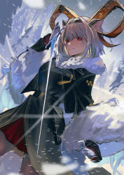Rule 34 | 1girl, absurdres, animal ears, arknights, belt, black coat, black hairband, blush, brown pantyhose, carnelian (arknights), carnelian (hohenlohe chillysand) (arknights), coat, dark-skinned female, dark skin, day, fur collar, fur shawl, gloves, goat ears, goat horns, hairband, highres, holding, holding sword, holding weapon, horns, long sleeves, looking at viewer, miniskirt, natsuba002, official alternate costume, outdoors, pantyhose, parted lips, pleated skirt, pouch, red eyes, red skirt, shawl, short hair, silver hair, skirt, smile, snow, snowing, solo, sword, v-shaped eyebrows, weapon, white gloves, winter