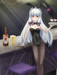 Rule 34 | 10s, 1girl, alcohol, animal ears, bad id, bad pixiv id, beer, bottle, bow, bowtie, brown eyes, covered navel, detached collar, fake animal ears, highres, kantai collection, long hair, murakumo (kancolle), pantyhose, parts (missing1919), playboy bunny, rabbit ears, silver hair, tray, wrist cuffs