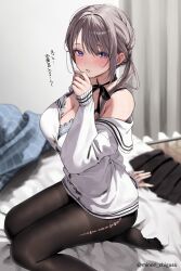 Rule 34 | 1girl, bare shoulders, black pantyhose, black skirt, bra, chigusa minori, foot out of frame, grey hair, hair between eyes, highres, indoors, long hair, long sleeves, looking at viewer, multicolored eyes, no pants, no shoes, on bed, pantyhose, parted lips, saotome shino (shino to ren), shino to ren, shirt, sitting, skirt, soles, solo, sweat, thighband pantyhose, torn clothes, torn pantyhose, underwear, unworn skirt, white shirt
