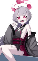 Rule 34 | 1girl, absurdres, ass, bare shoulders, bell, black nails, blue archive, blush, bokuhakiyoshi, breasts, detached sleeves, fingernails, gauze, gauze on cheek, grey hair, grey sleeves, halo, highres, jingle bell, long hair, looking down, nail polish, obi, open mouth, red eyes, red halo, sash, shuro (blue archive), sideboob, sitting, small breasts, smile, solo