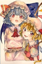 Rule 34 | 2girls, ascot, bat wings, blonde hair, bow, brooch, fang, flandre scarlet, jewelry, multiple girls, open mouth, painting (medium), puffy short sleeves, puffy sleeves, red ascot, red bow, red eyes, remilia scarlet, selenium, short sleeves, siblings, sisters, smile, touhou, traditional media, upper body, watercolor (medium), wings, yellow ascot